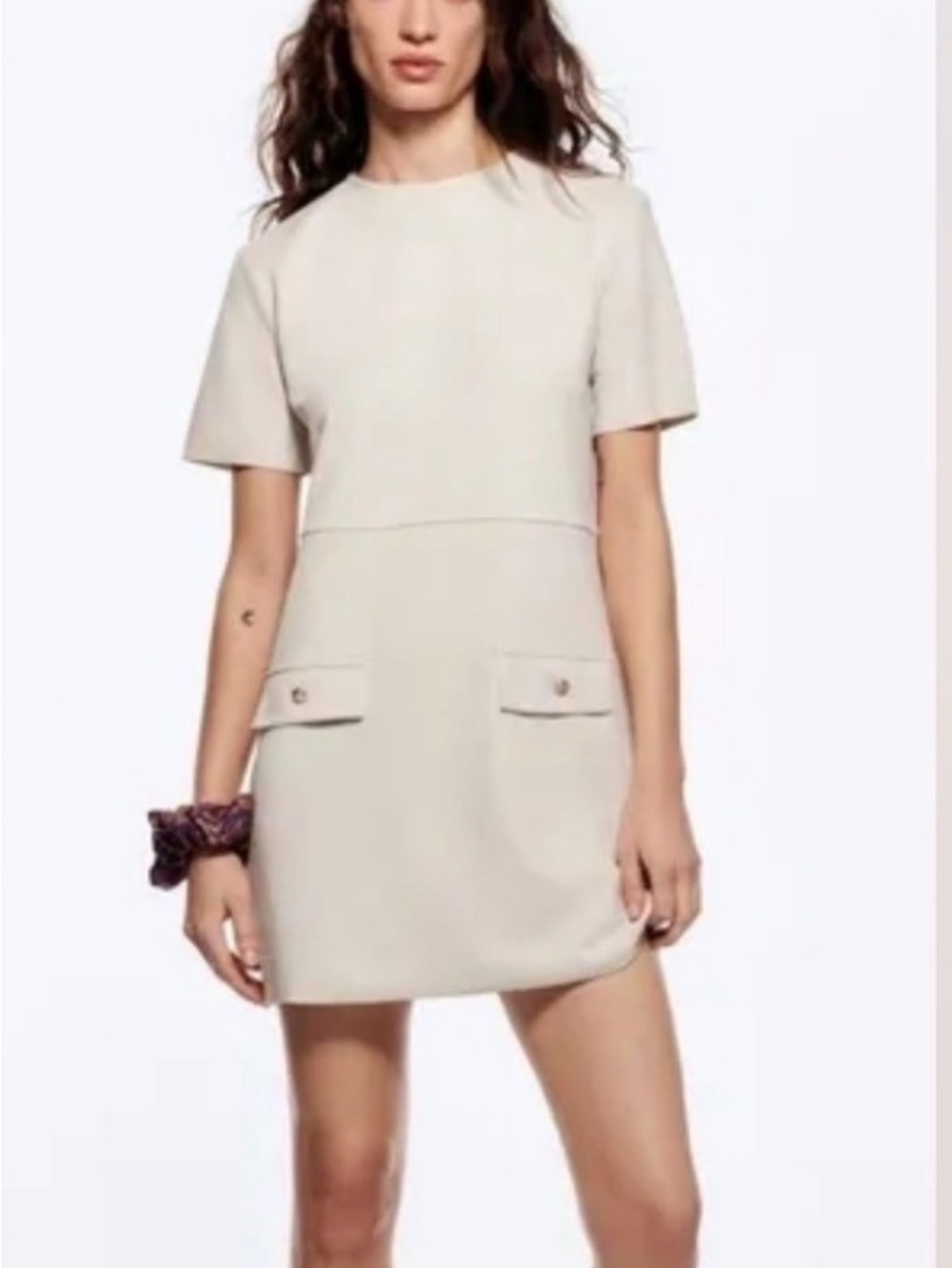 Zara Short-Sleeve Cream Mini Dress w/ Faux Front Pockets